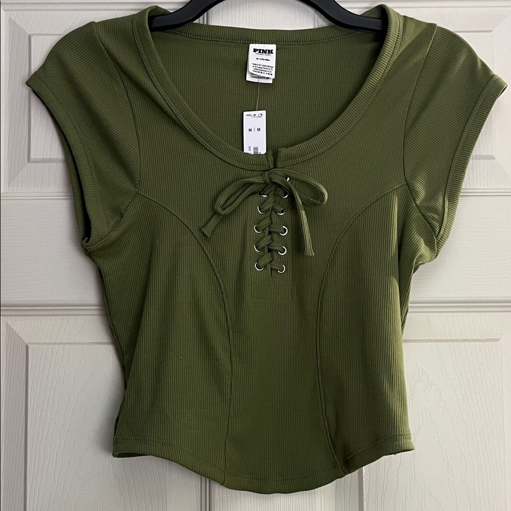 Victoria Secret’s Pink Olive Green Lace-Up Crop Top Medium NWT
